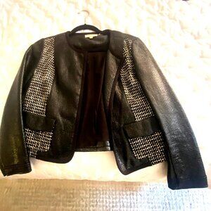 Tory Burch Black & White Tweed Jacket w/ Vegan Leather Panels